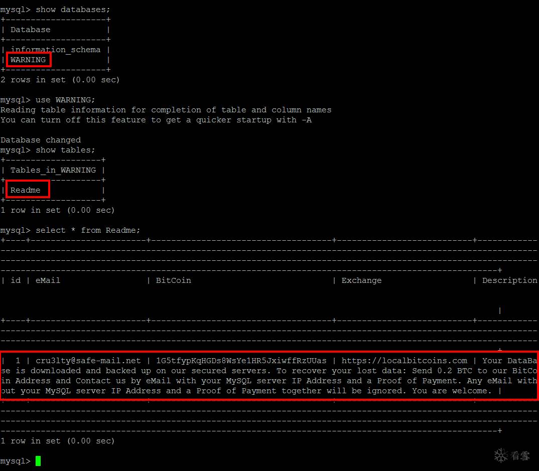 图7：Imperva SecureSphere监控到的MySQL勒索软件的新比特币地址