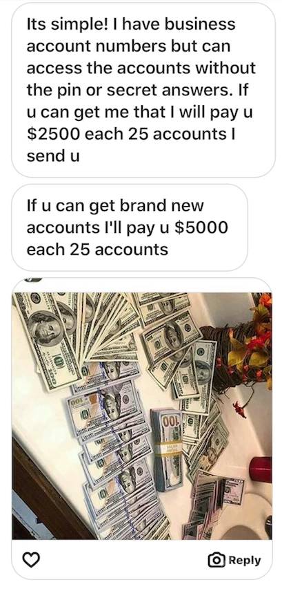 发送给Verizon员工的消息的屏幕截图，某个黑客想要取得他们的协助（来自Motherboard）