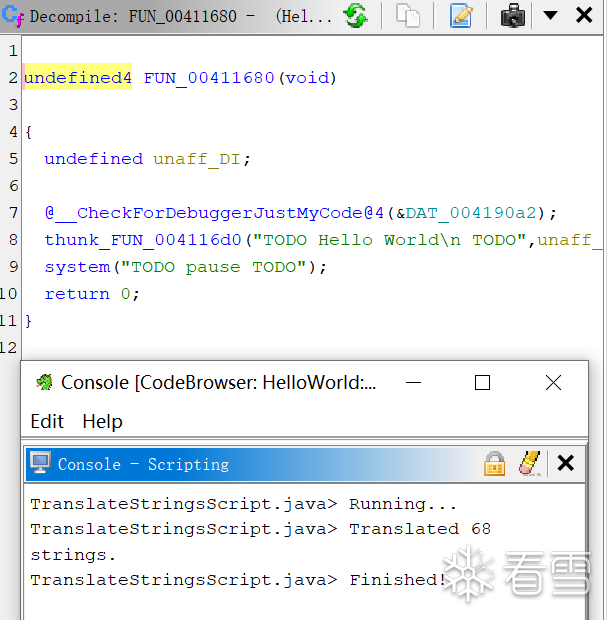 Figure 2.7 – Result of running TranslateStringsScript.java over a Hello World program