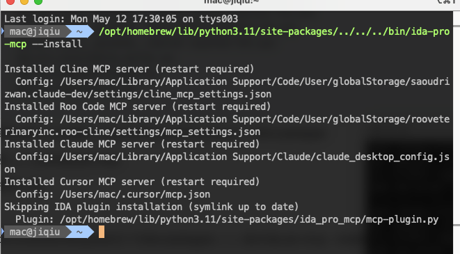 执行 ida-pro-mcp --install 命令